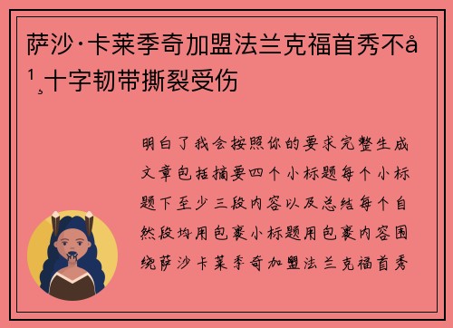 萨沙·卡莱季奇加盟法兰克福首秀不幸十字韧带撕裂受伤 萨沙·卡莱季奇加盟法兰克福首秀不幸十字韧带撕裂受伤