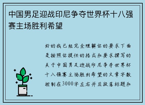 中国男足迎战印尼争夺世界杯十八强赛主场胜利希望 中国男足迎战印尼争夺世界杯十八强赛主场胜利希望
