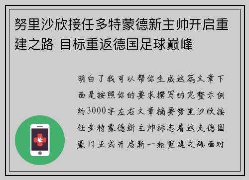 努里沙欣接任多特蒙德新主帅开启重建之路 目标重返德国足球巅峰 努里沙欣接任多特蒙德新主帅开启重建之路 目标重返德国足球巅峰